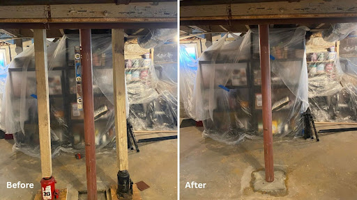 Waterproofing and Structural Repair in Farmingdale, NY - A Before and After Picture of a Lally Column Installation