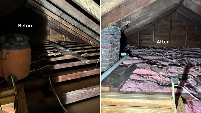Waterproofing and mold remediation in Garden City, NY - A Garden City Attic Before and After Insulation Was Applied by Zavza Seal LLC