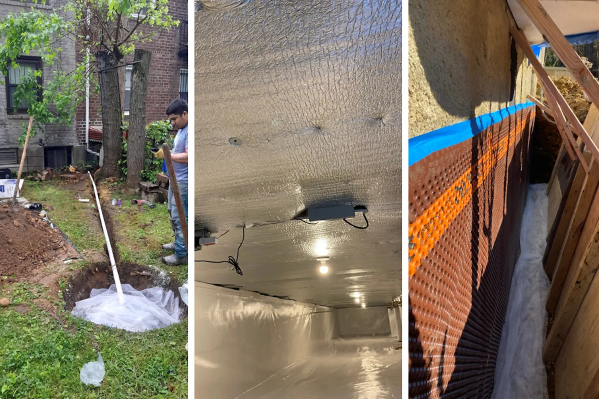Causes of Foundation Damage - Three Pictures in a Collage: One of a Sump Pump Installation Project, One of an Encapsulation Project, and One of a Foundation Waterproofing Project