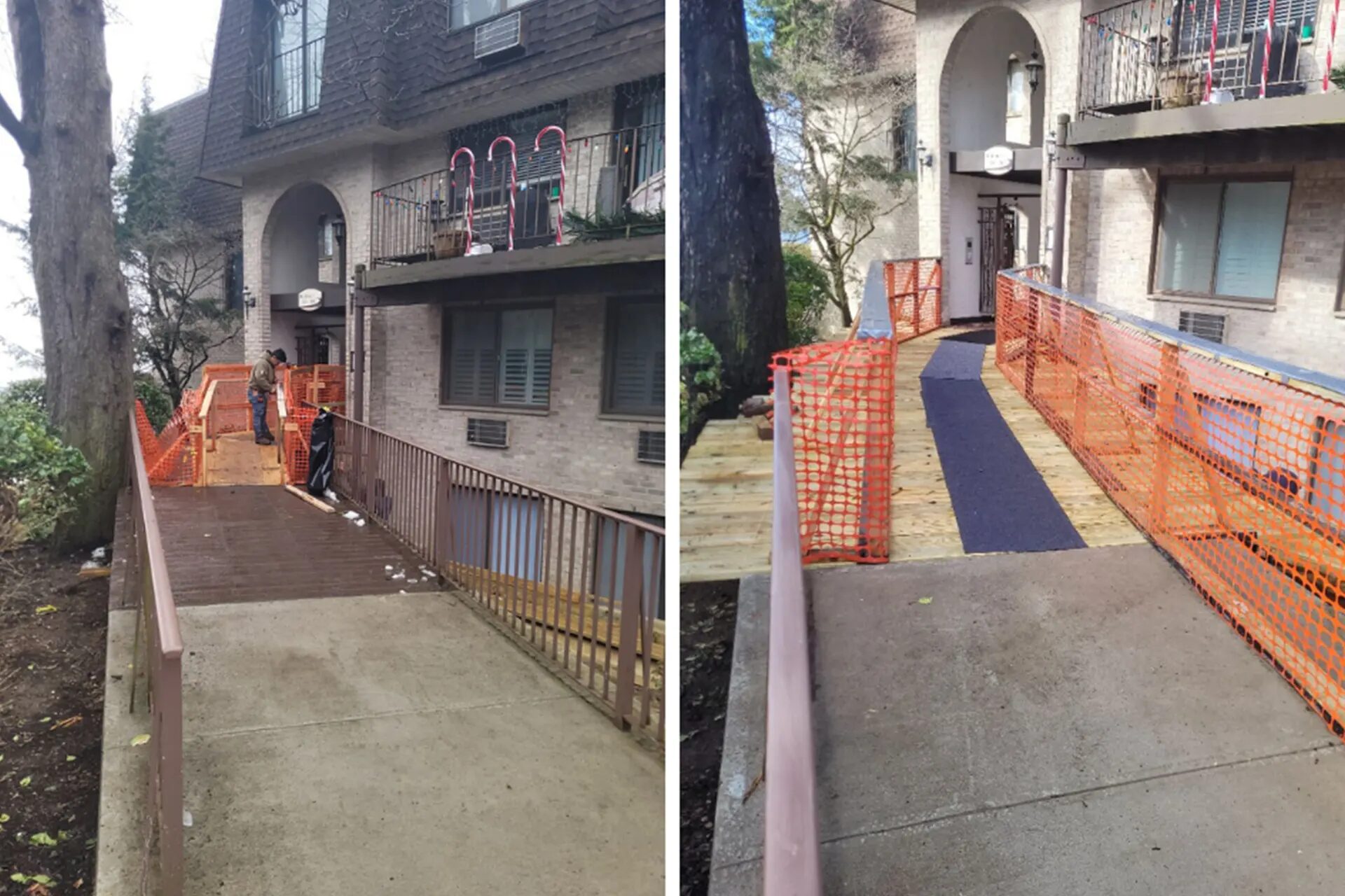 Side-by-side comparison of a pedestrian ramp under construction and after completion, with orange safety fencing along the walkway leading to a brick apartment building.
