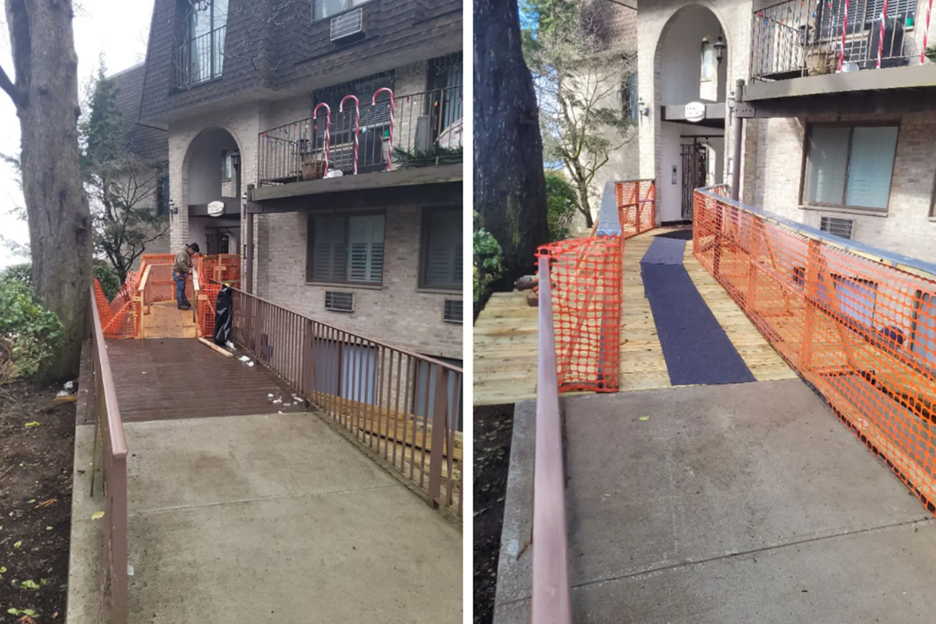 Side-by-side comparison of a pedestrian ramp under construction and after completion, with orange safety fencing along the walkway leading to a brick apartment building.