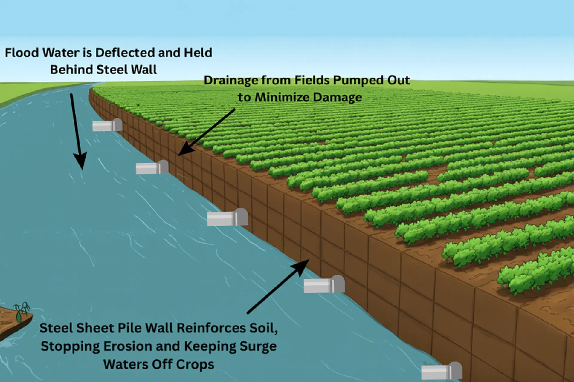 Sheet Pile Walls for Farms -  An Illustration Of a Sheet Pile Wall Around a Crop Field With Labels Telling How Everything Works to Minimize Damage in a Storm or Flood