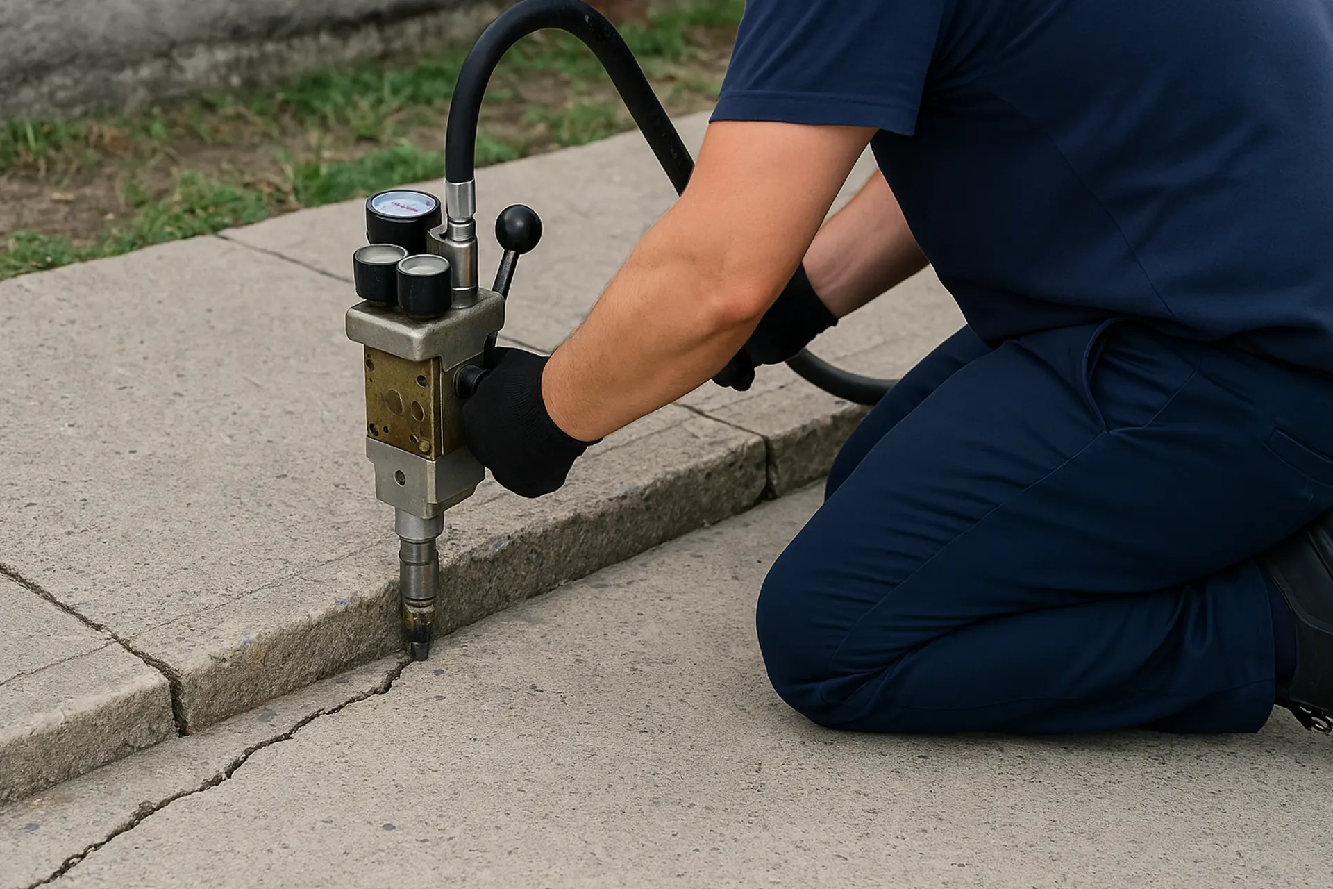 ASTM Certified Chemical Grout Injection Services NY - Technician Injecting Polyurethane Grout per ASTM D5295 Long Island Basement
