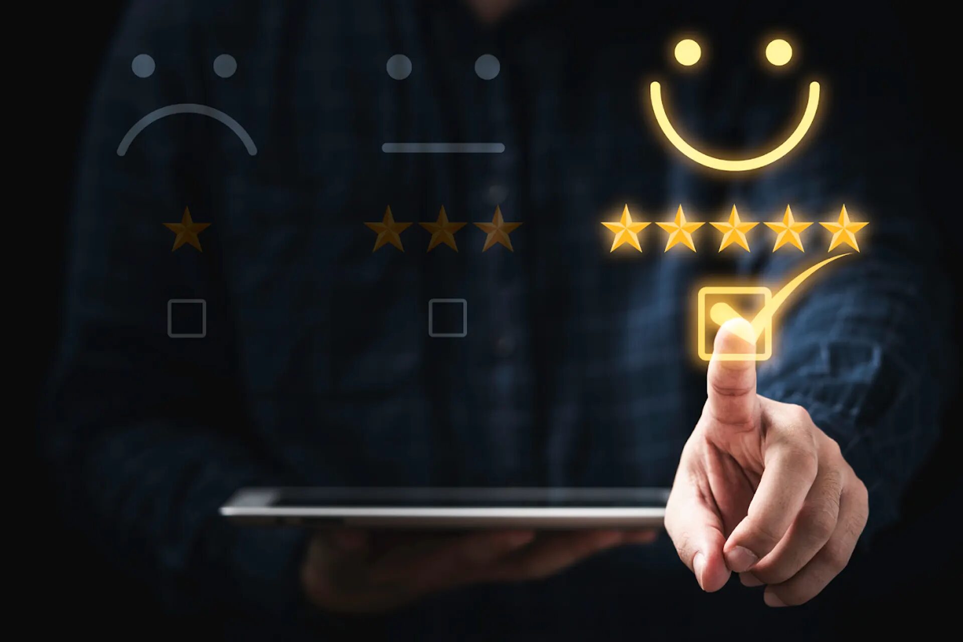 ASTM Certified Chemical Grout Injection Services NY - A Man Pointing to a Box with Five Stars and a Check in it, Holding a Tablet in the Other Hand