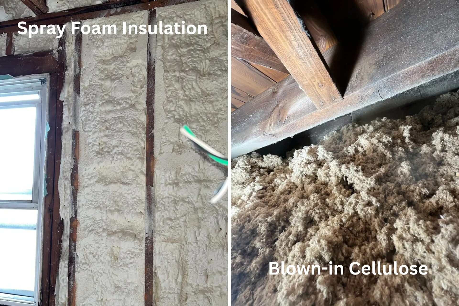 Prevention and Removal of Ice Dams - Blown-in Cellulose and Spray Foam Pictures, Labeled and Sitting Side by Side