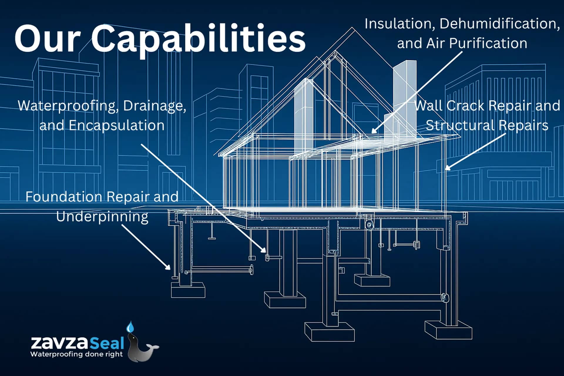 Blue and white illustration of a house