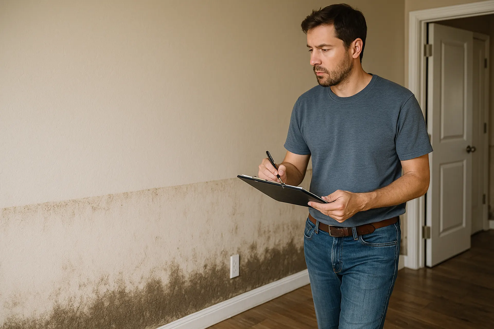 Technician inspecting flood damage and mold on interior wall with clipboard