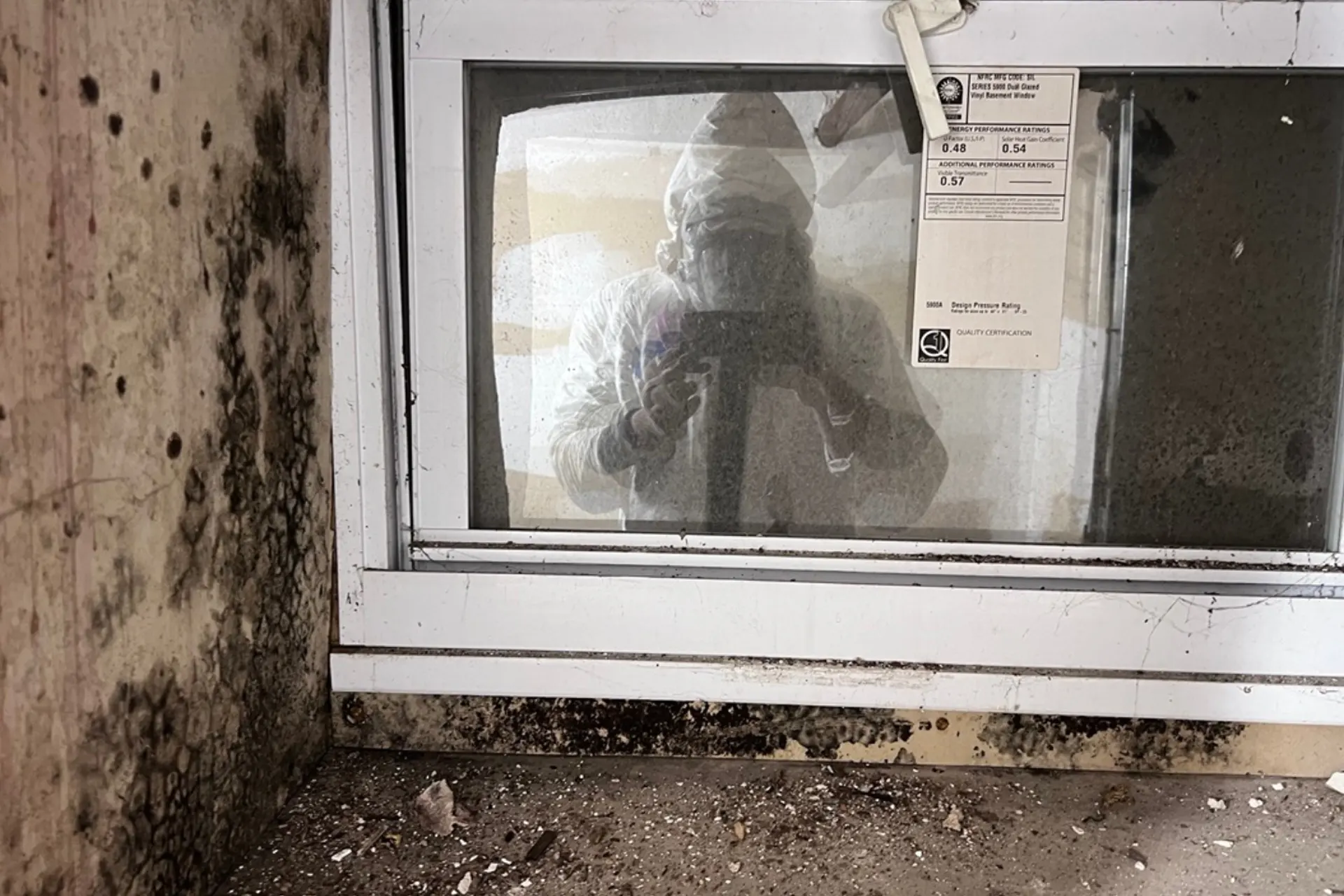 Mold growth on a basement wall near a window frame with visible black mold spots and debris; with a certified mold remediation technician from Zavza Seal in full protective gear reflecting in the window