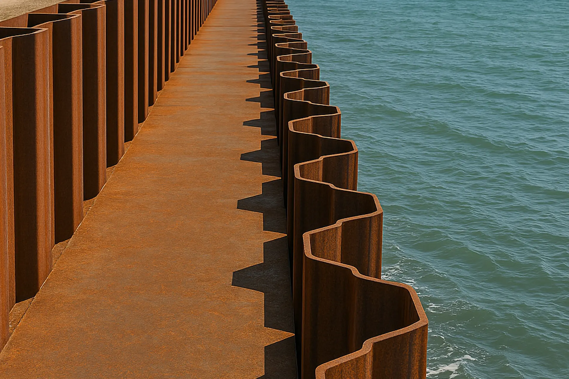 Close-up view of a rusted steel sheet pile seawall extending into the water, showing the zigzag interlocking structure along the shoreline.