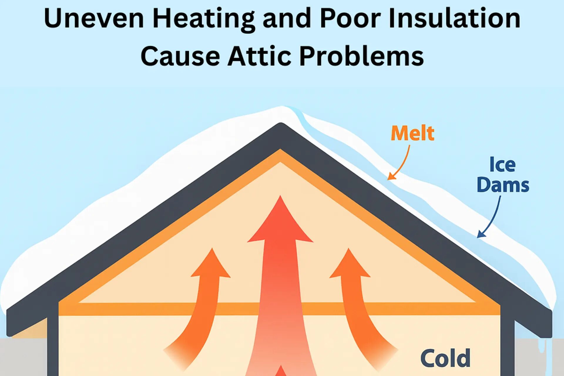 Why Fall Is the Best Time for Spray Foam Installation – A Color Illustration with a House and Red Arrows Showing How Heat Escapes and Uneven Ventilation Causes Attic Problems