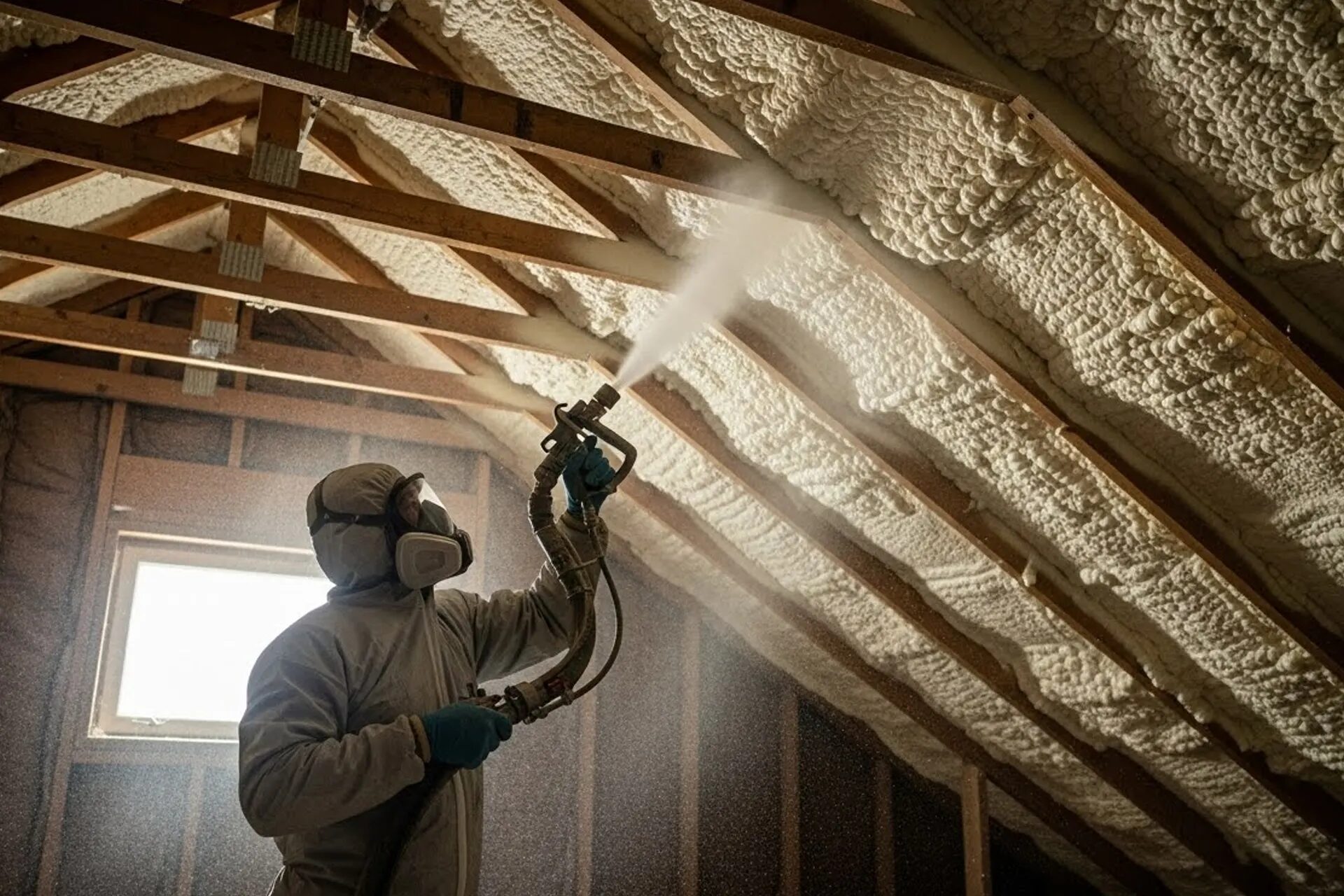 Why Fall Is the Best Time for Spray Foam Installation – A Spray Foam Insulation Applicator Applying Spray Foam Insulation to an Attic Roof