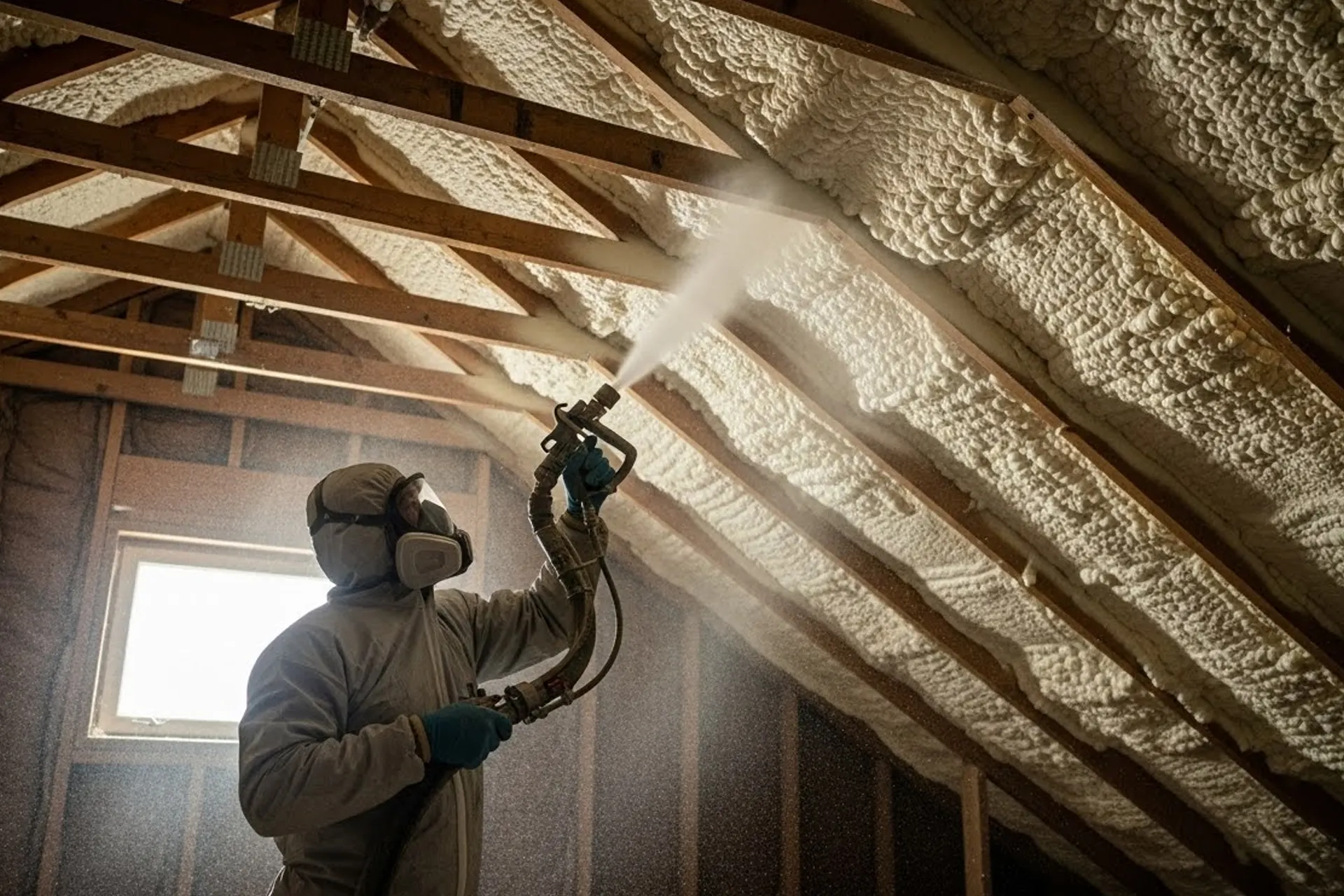 Why Fall Is the Best Time for Spray Foam Installation – A Spray Foam Insulation Applicator Applying Spray Foam Insulation to an Attic Roof