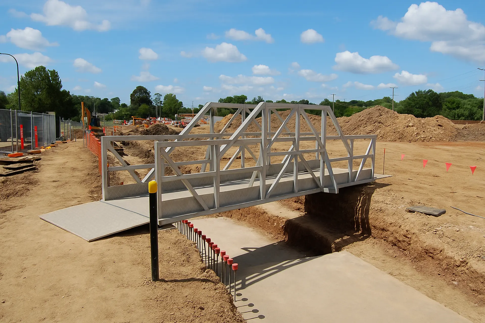Temporary Bridges for Construction in New York: A Small Temporary Bridge Over Fresh Cement at a Construction Site