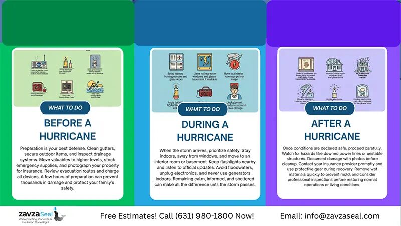 What To Do Before, During, and After a Hurricane - A Three Section Color Infographic Explaining What to Do Before, During, and After a Hurricane