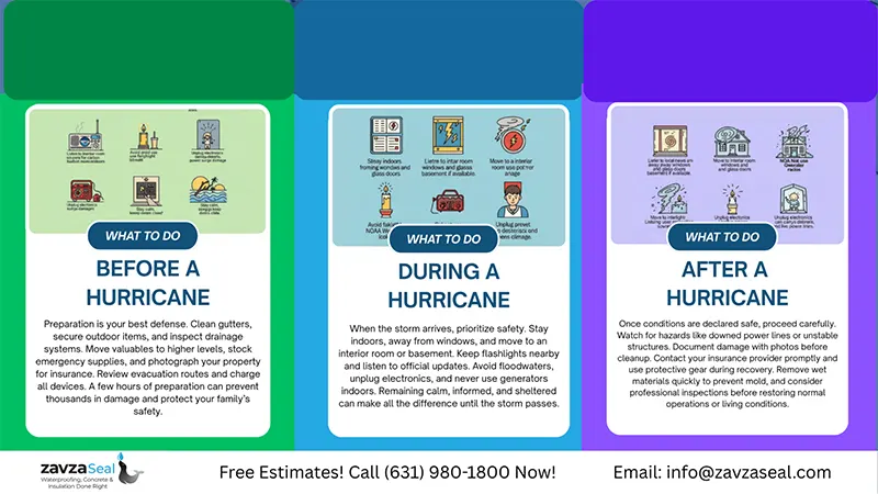What To Do Before, During, and After a Hurricane - A Three Section Color Infographic Explaining What to Do Before, During, and After a Hurricane