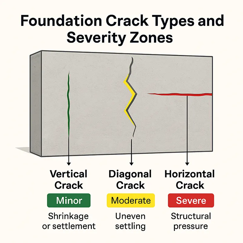 Vertical Foundation Crack - An Original Illustration Showing Three Types of Foundation Cracks, Illustrating the Severity of Foundation Cracks According to How They Look