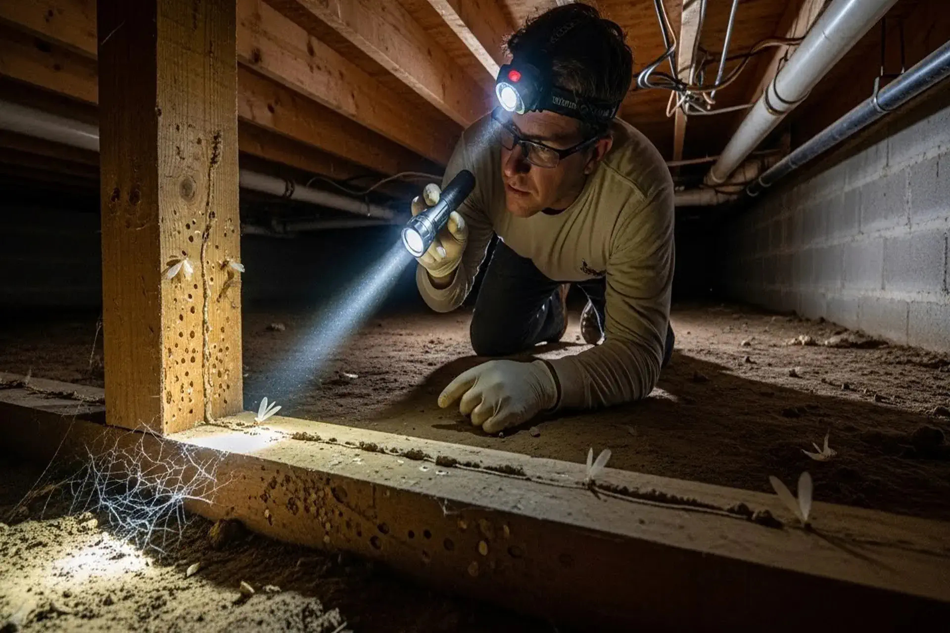 How to Inspect a Crawl Space for Termite Activity - A Man Inspecting His Crawl Space for Termite Damage