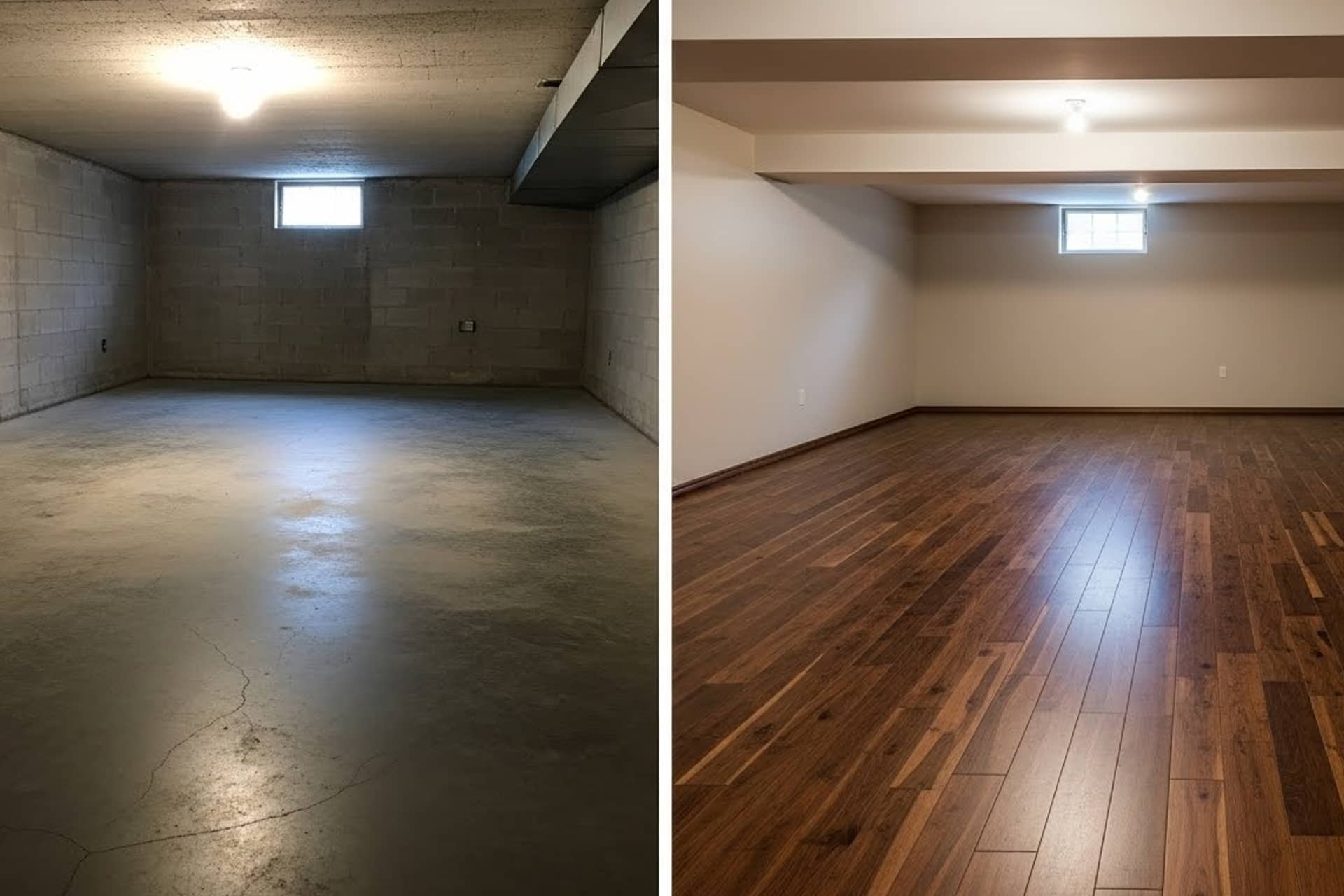 Subfloor Replacement Contractor in New York - A Before and After Picture from a Basement Wood Floor Installation by Zavza Seal