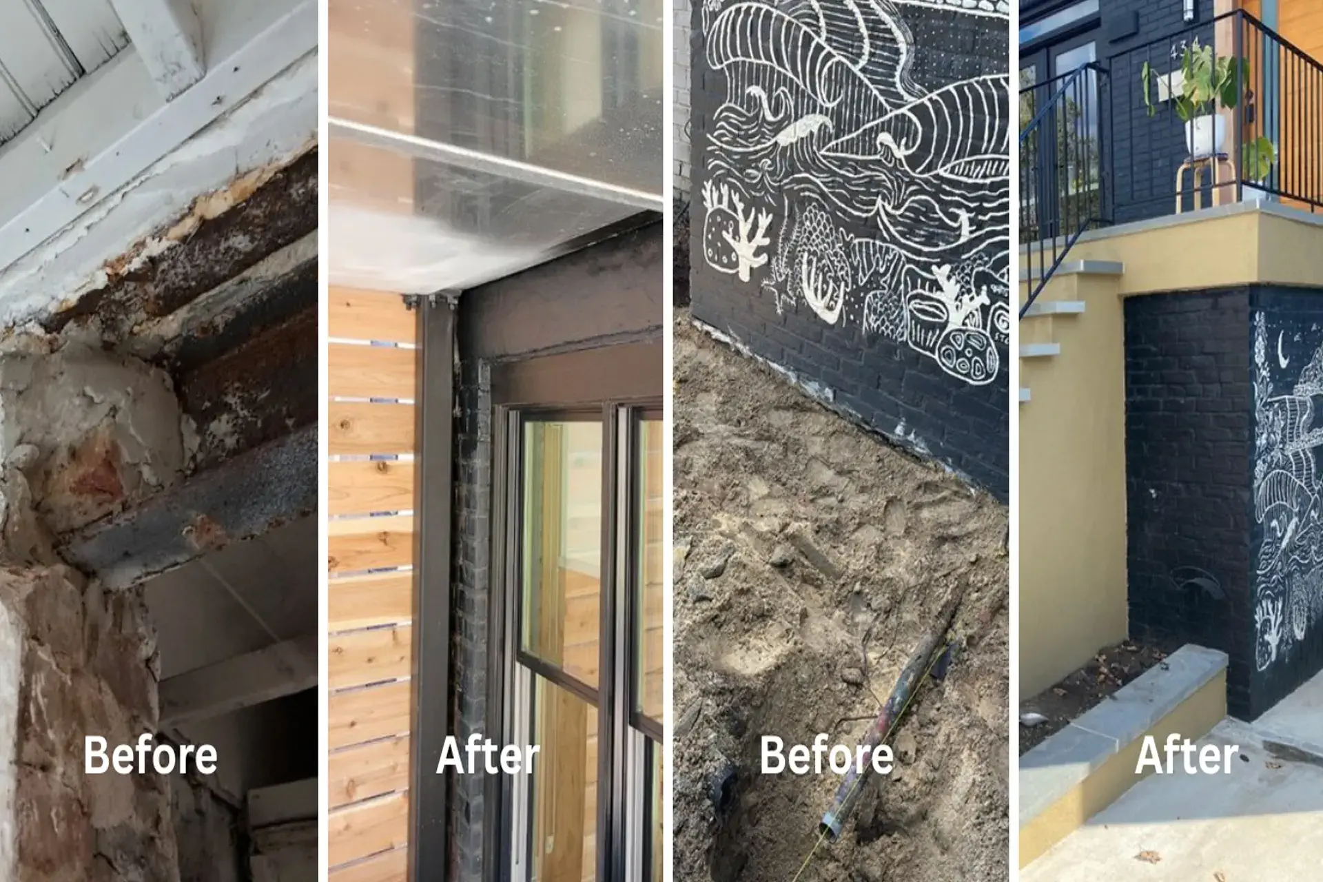 Side-by-side before and after images of a Long Island home exterior transformation, showing repaired structural beams, new door frames, improved drainage, and redesigned front steps.