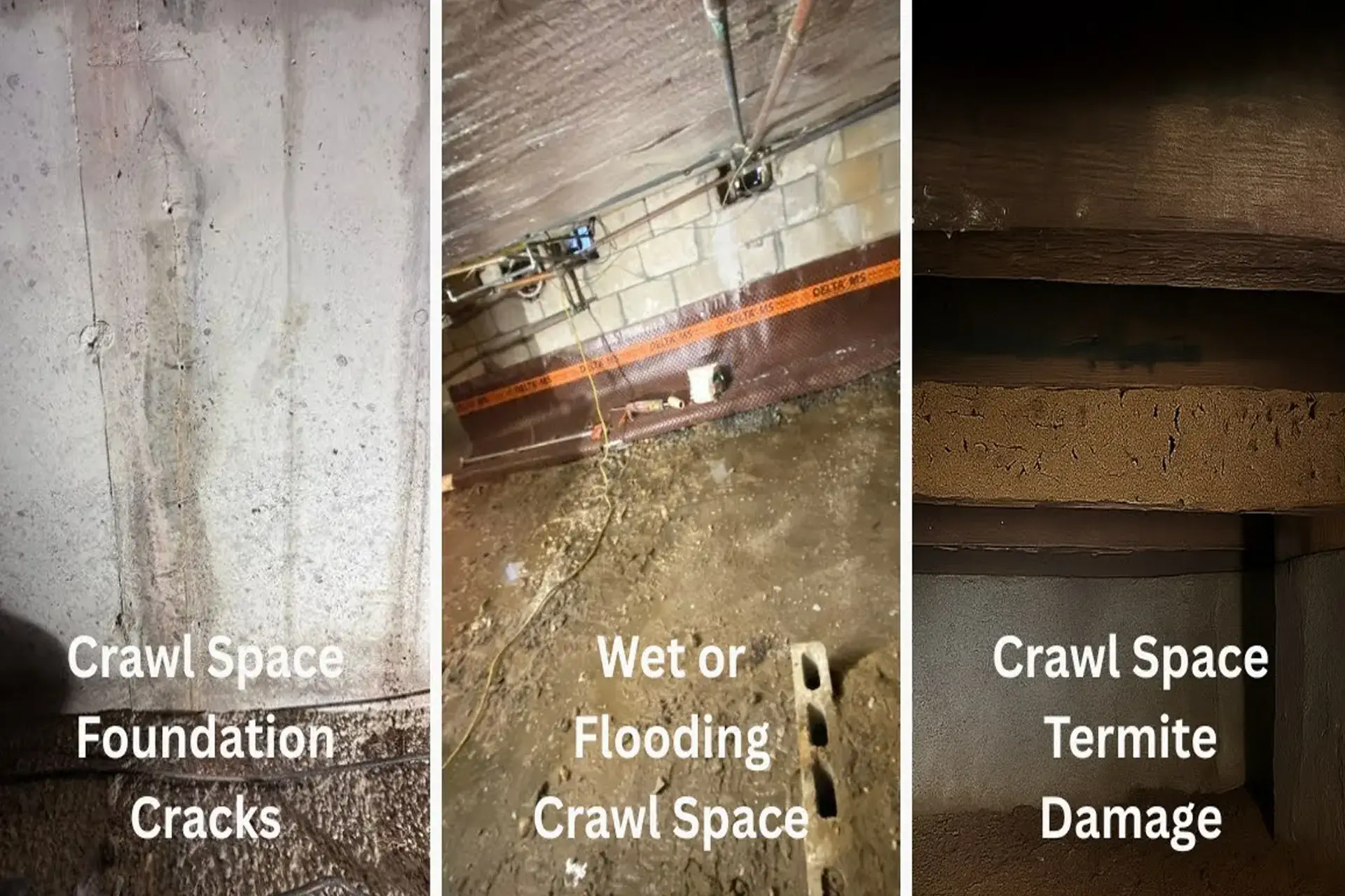 A Three Picture Collage of Different Types of Crawl Space Damage