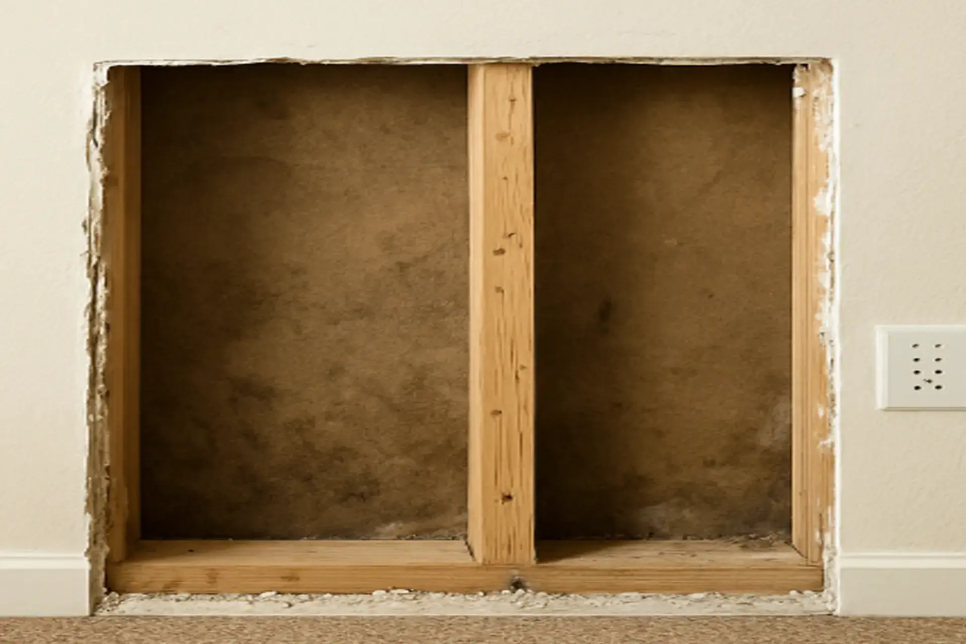 Exposed wall cavity in Merrick, NY home after controlled sheetrock removal to investigate mold contamination.