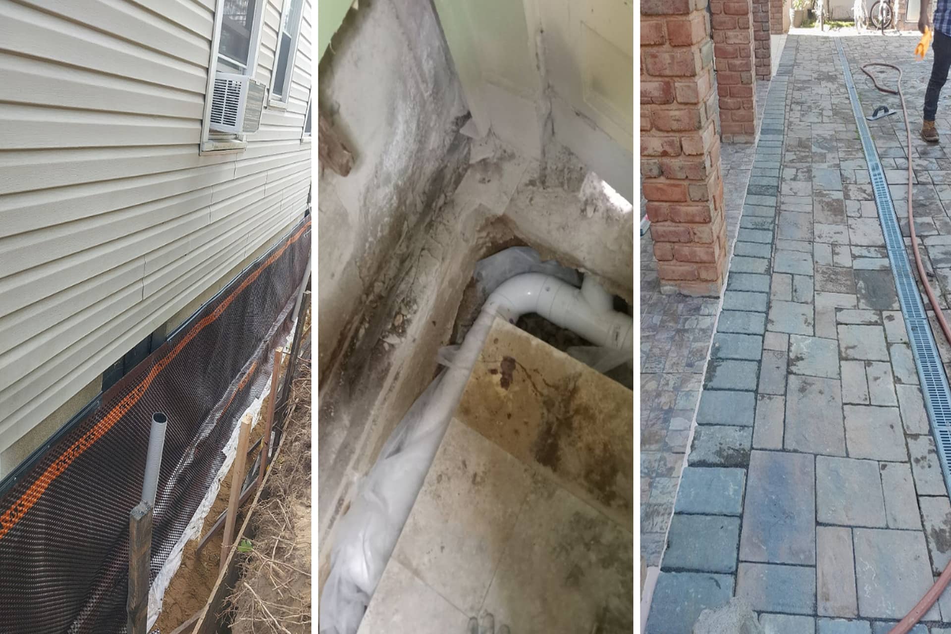 Below-Grade Waterproofing - Three Images, One of Foundation Waterproofing Membranes, One of a Sump Pump System, and One of a French Drain