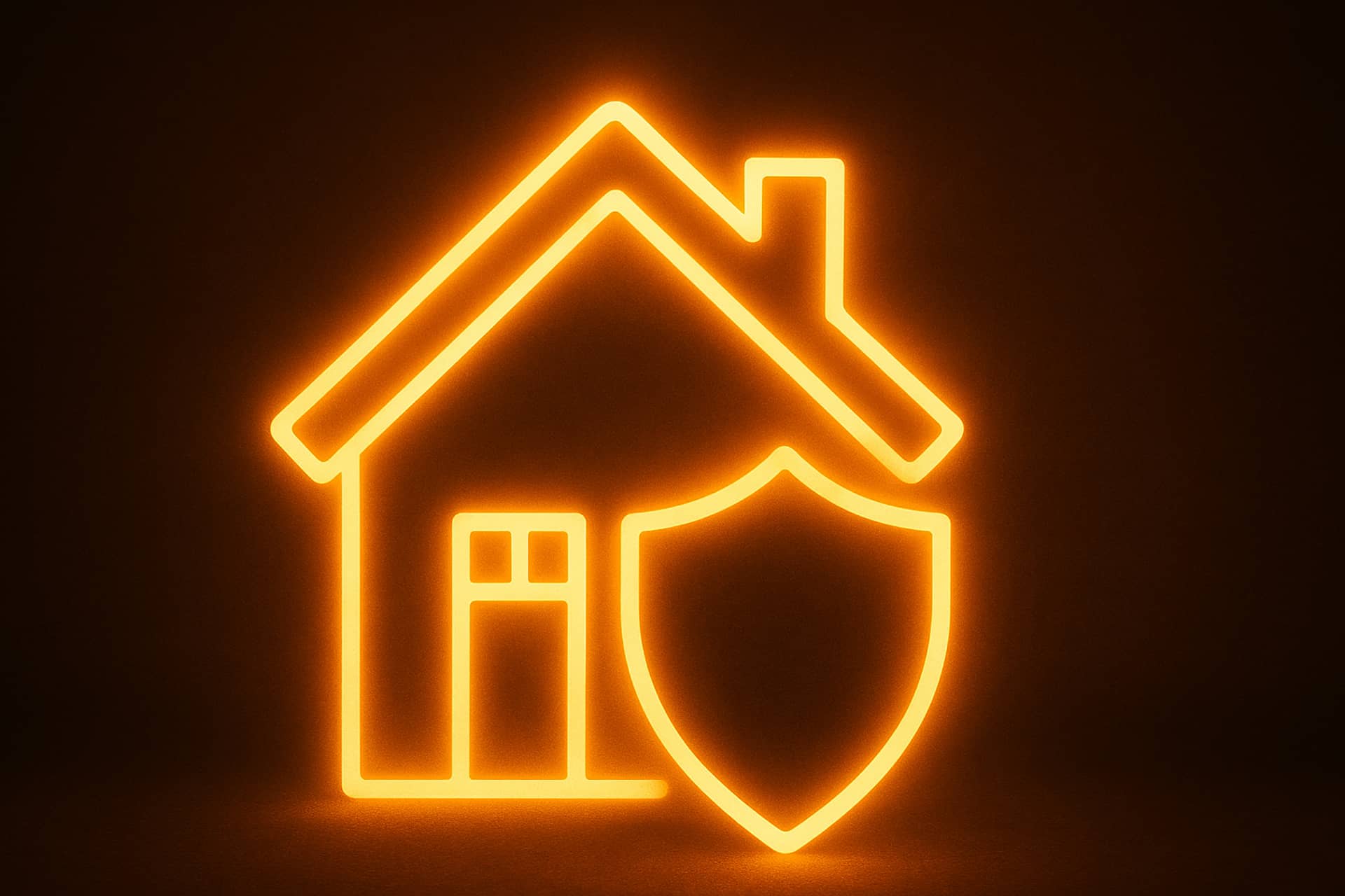 Glowing orange neon house icon with a shield symbol representing home protection, safety, and waterproofing services by Zavza Seal LLC in Long Island, NY.