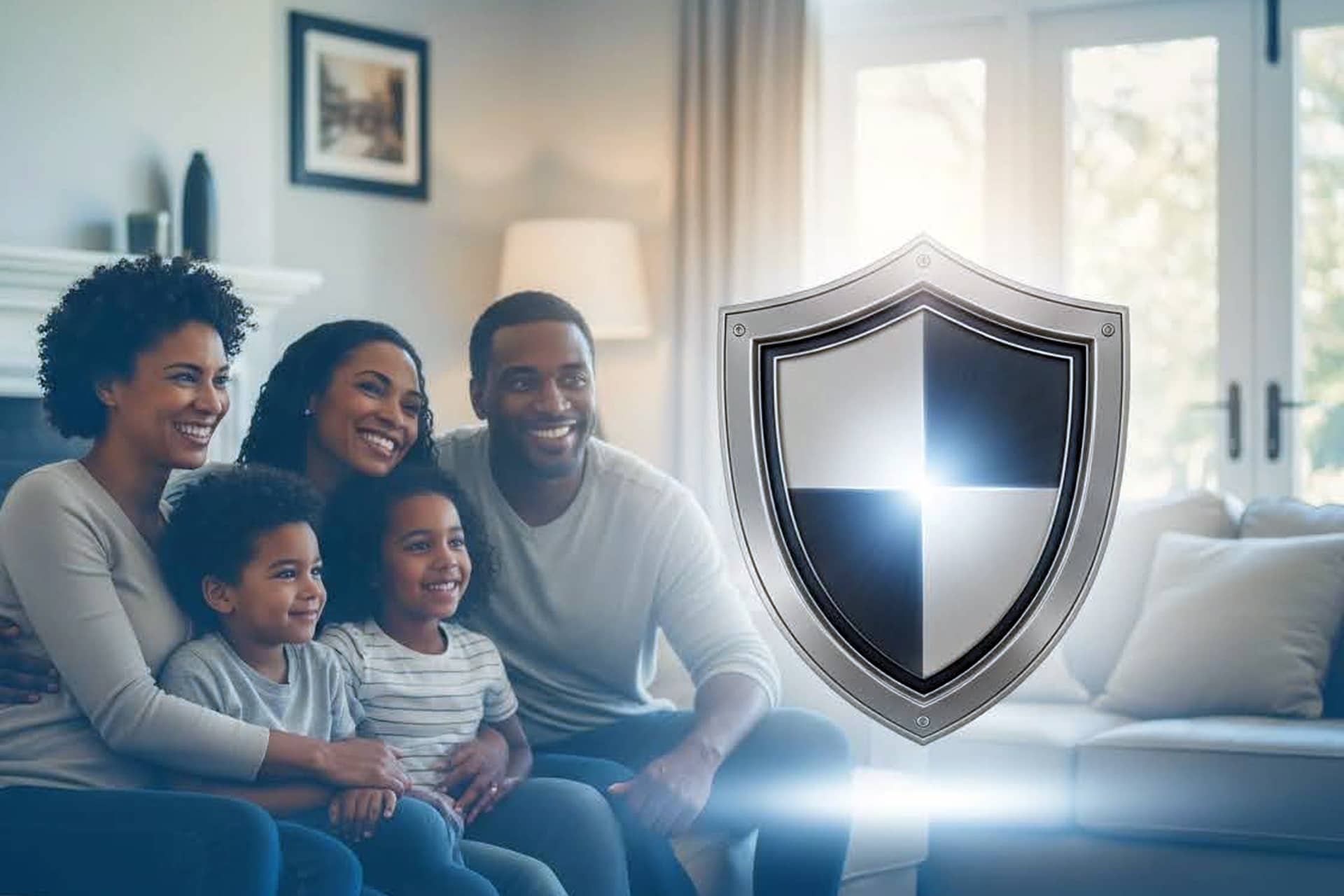 Expert Water Damage Restoration Contractors in Manhattan - A Happy Family in Their Living Room with a Shield in Front of Them