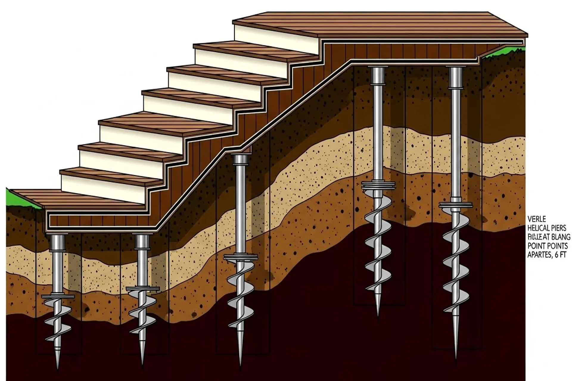 Elevated backyard deck supported by helical piers attached to a brick house, showing sturdy foundation posts, stairs, and railing—example of stable deck construction using helical piers.