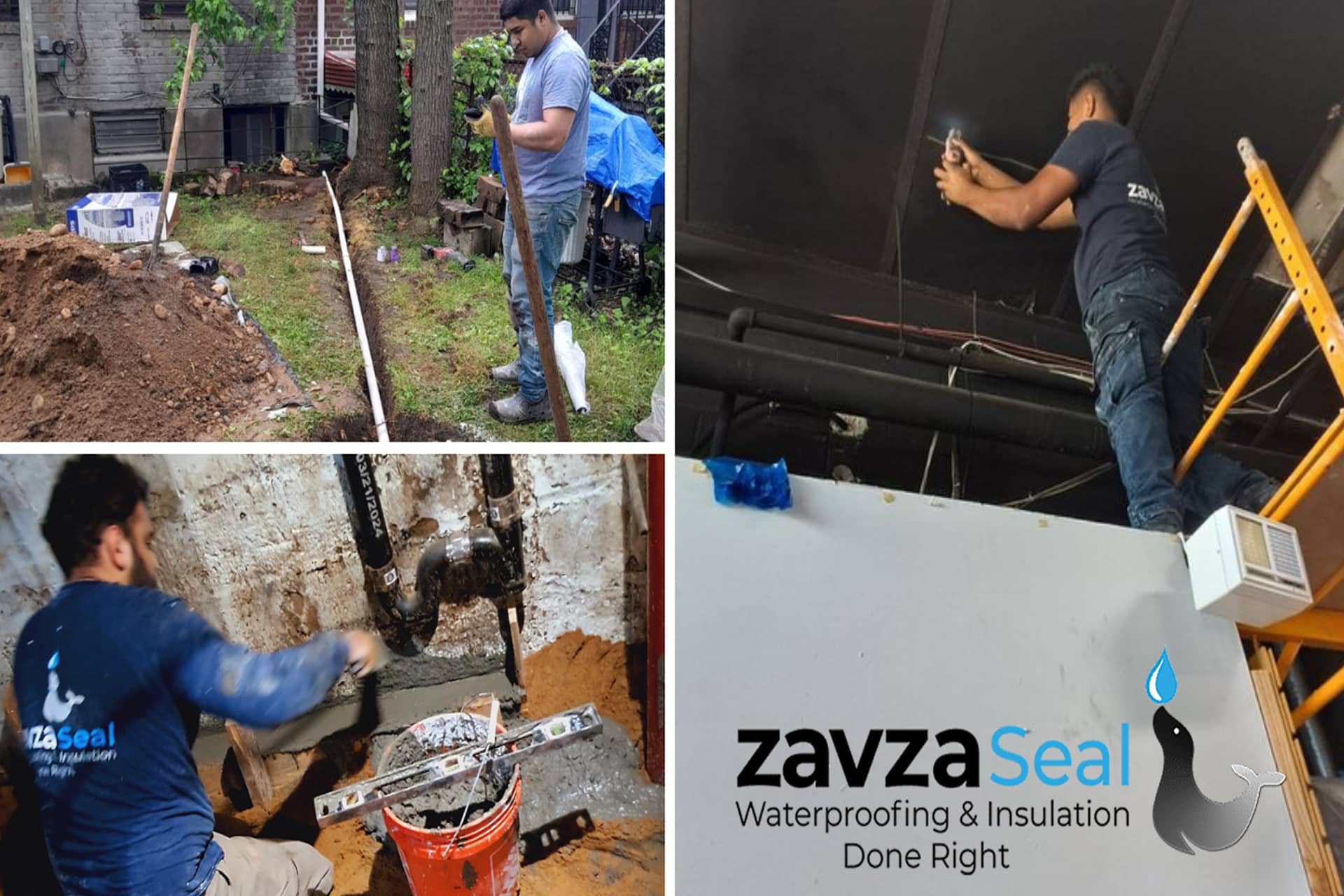 Zavza Seal LLC team performing professional basement waterproofing, drainage installation, and insulation work for residential and commercial properties in Long Island, NY.