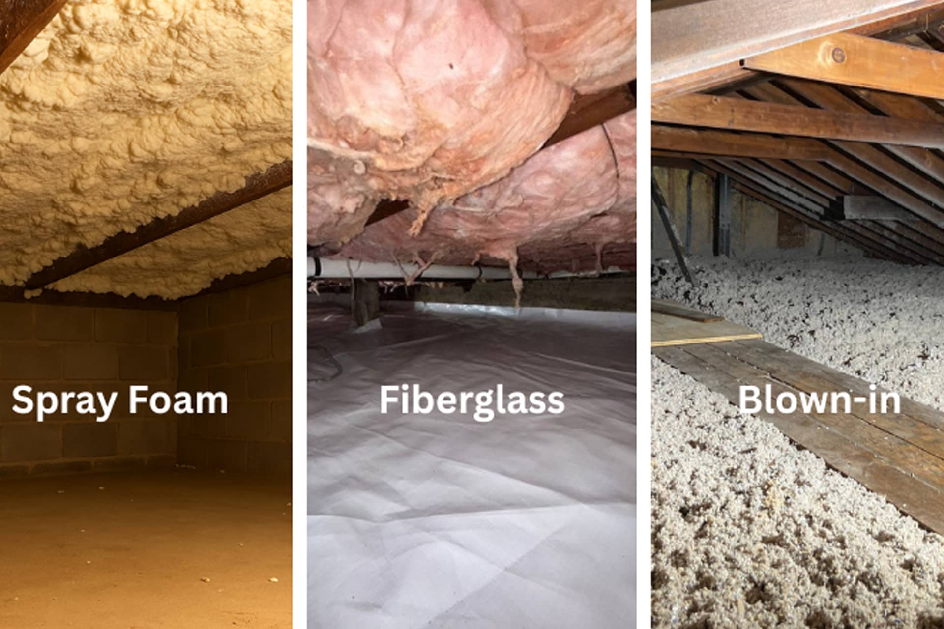 Best Wall Insulation for Winter - A Three Slot Image Showing Spray Foam Insulation, Fiberglass Insulation, and Blown-in Insulation from Left to Right with Labels on Them
