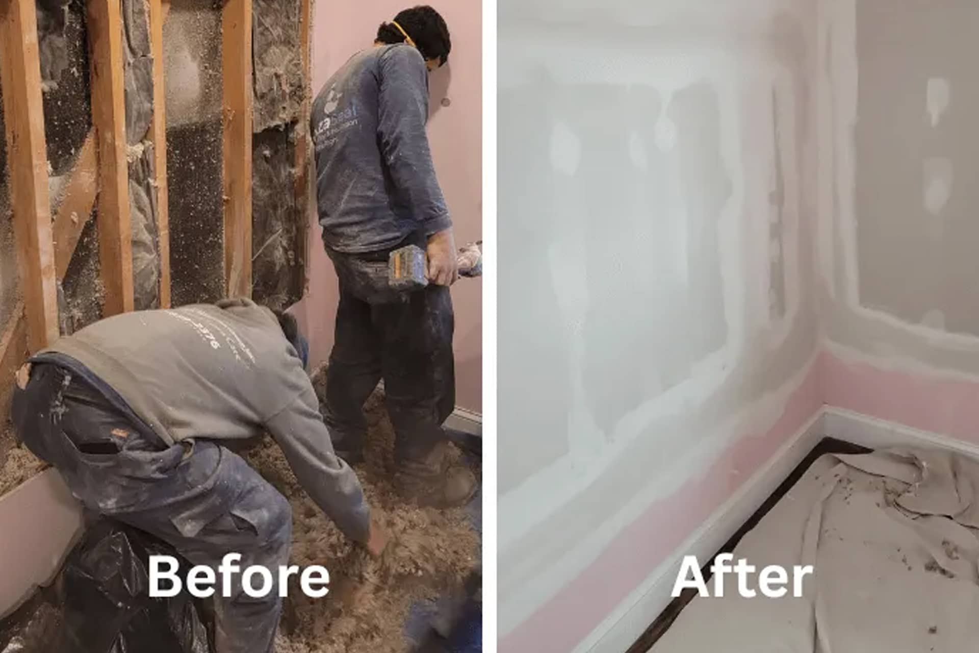 Before and after comparison of a wall repair project. The left side shows workers removing damaged drywall and insulation. The right side shows the wall fully repaired with new drywall installed and finished.