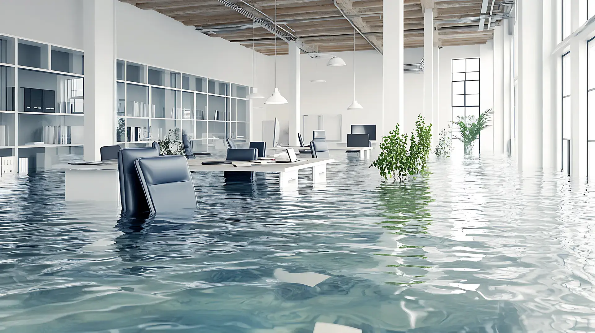 A commercial property submerged in water from leaks