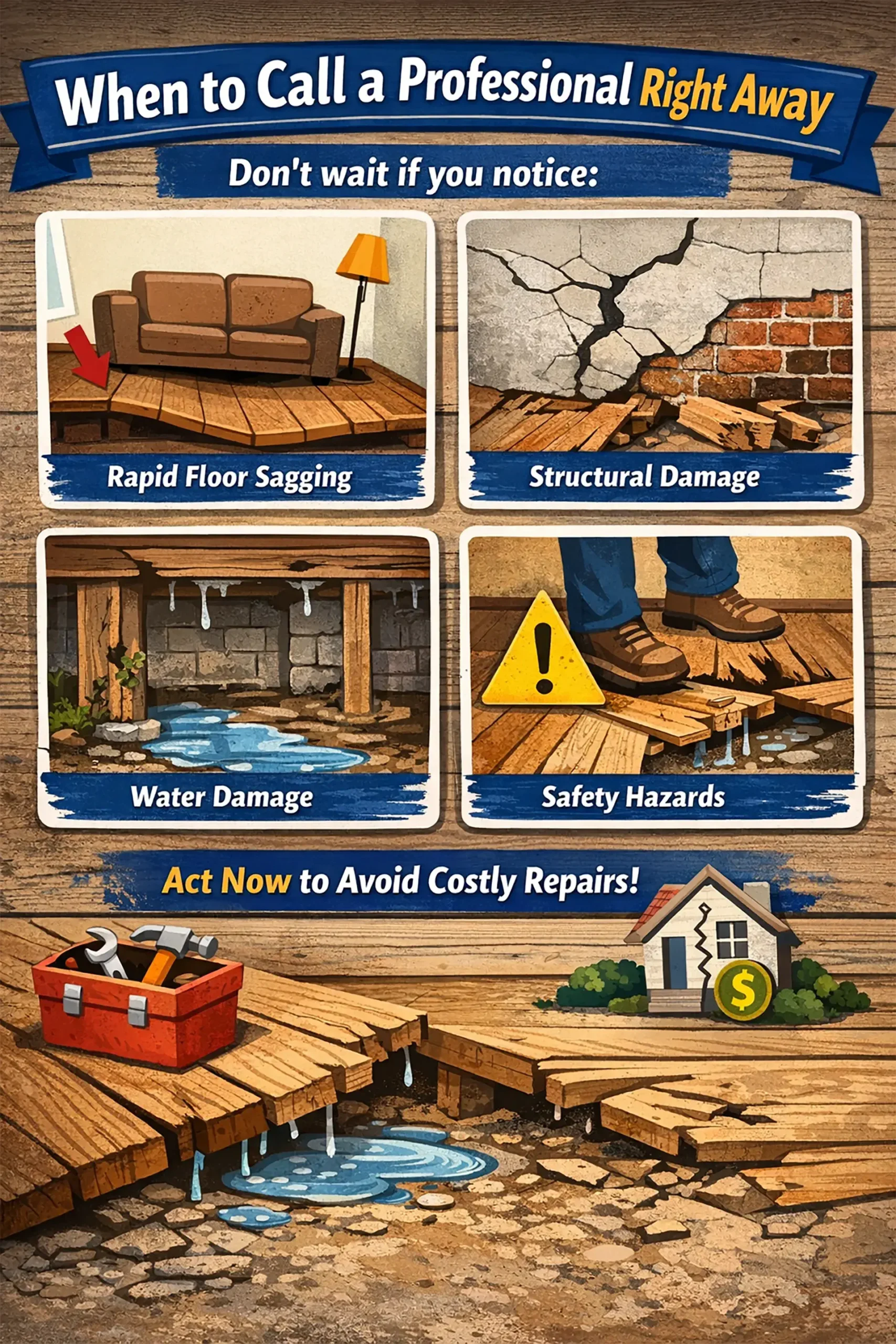 Sagging floor repair near me: Image shows when to call a professional to fix sagging floors on a property in New York