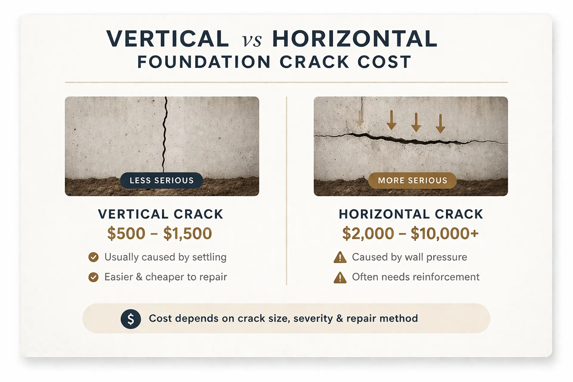 Difference between horizontal vertical cracks in the foundation and their associated costs. 