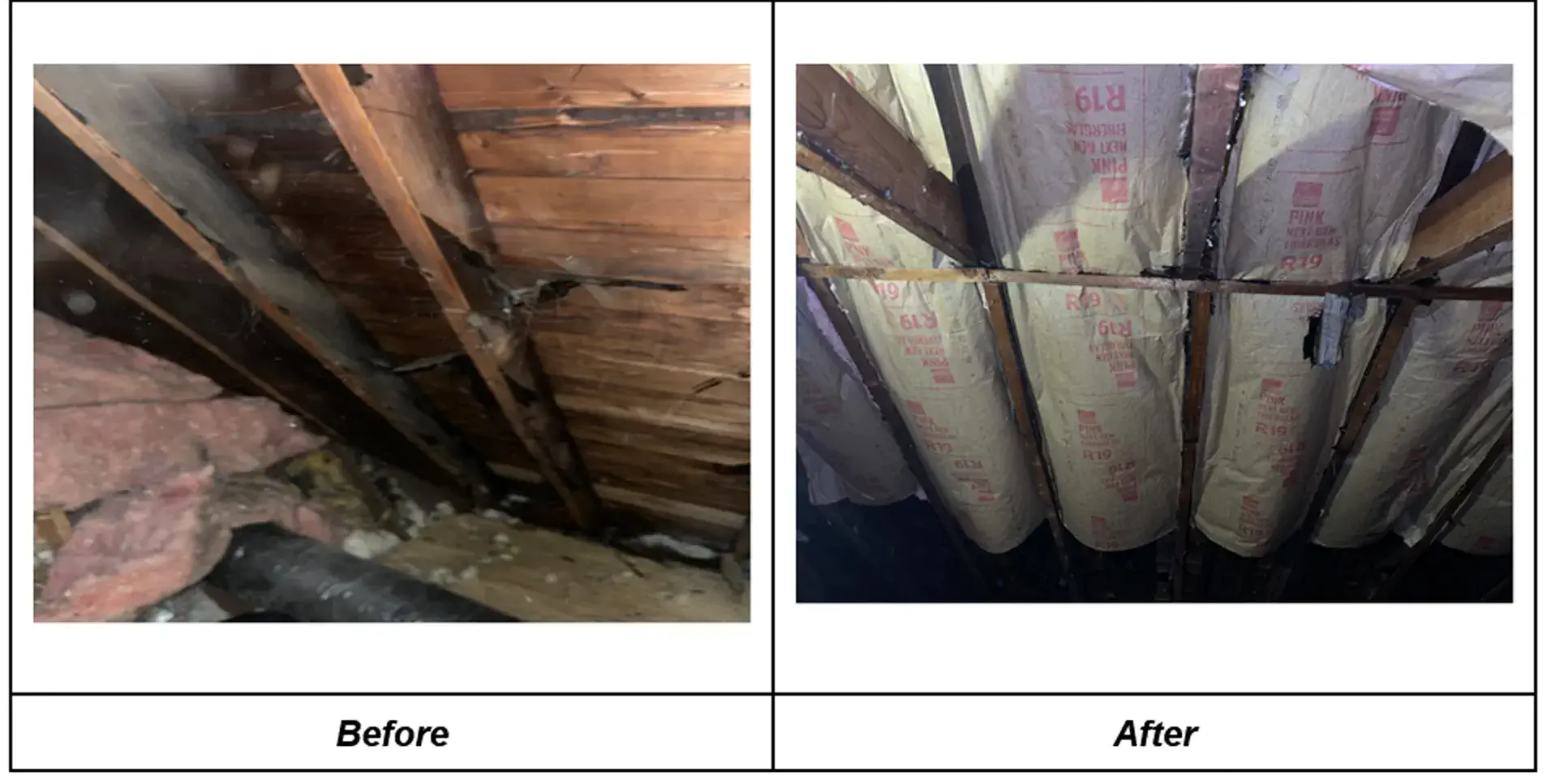 A before and after image showing insulation installation to eliminate drafts with sealing thegaps in various places