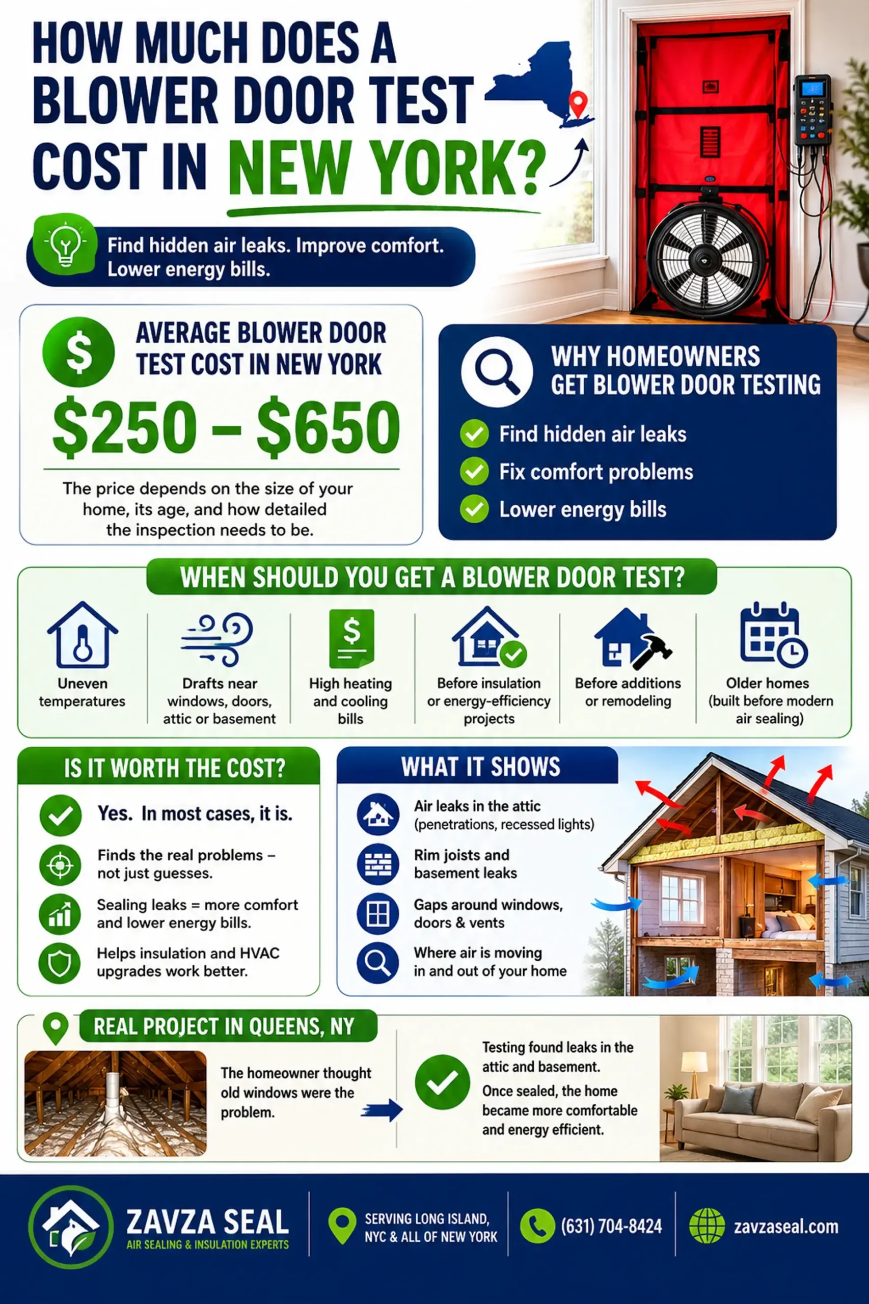 An infographic showing in detail the various factors that affect the cost of the blower door test.