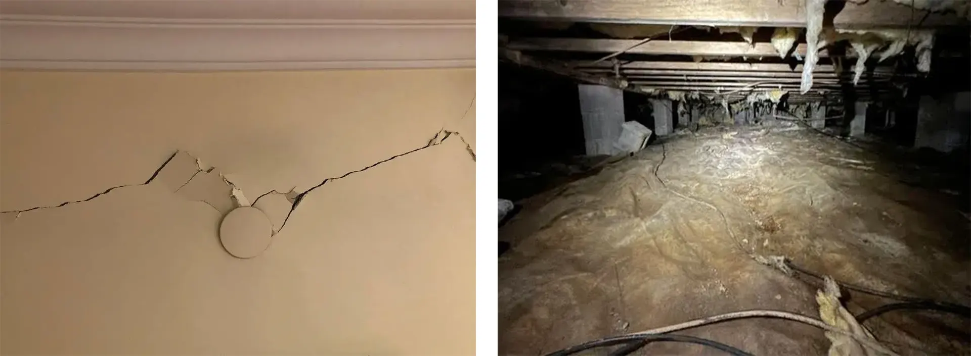 Effects of shifting and damaged piers and beams on the ceiling and crawl spaces in a Brooklyn, NY home.