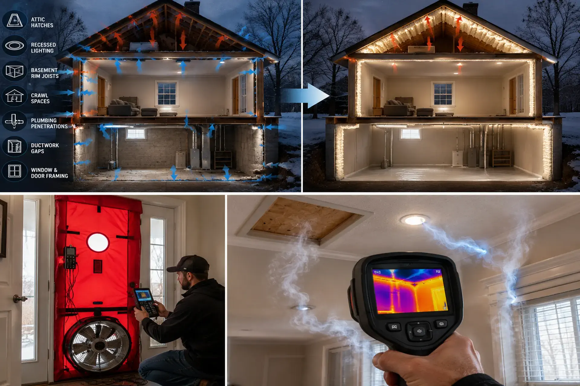 Thermal imaging in progress in a home in Queens, NY showing stack effect in the property, along with different outlets and inlets seeping the air in and out of the property