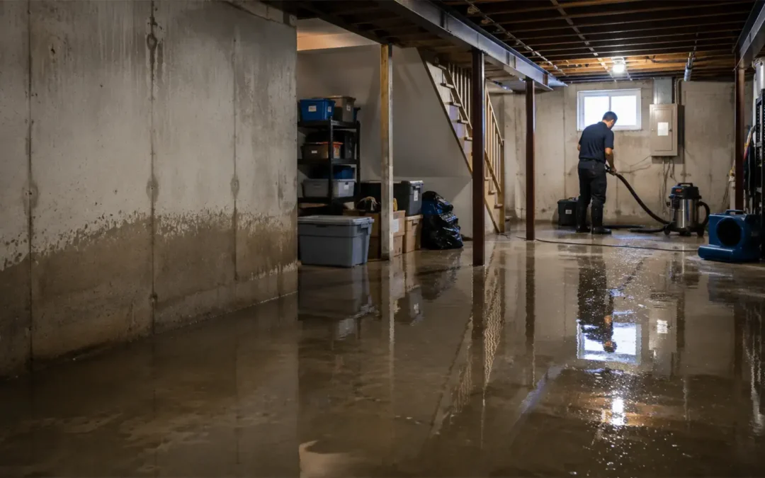Basement food damage services in progress by Zavza Seal in Holbrook, NY after recent flooding in the neighborhood area.