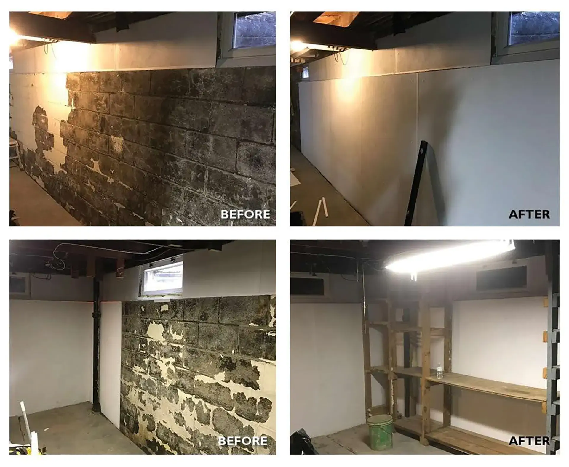 Before and after images of structural foundation damage repair in the Brooklyn, NY property. 