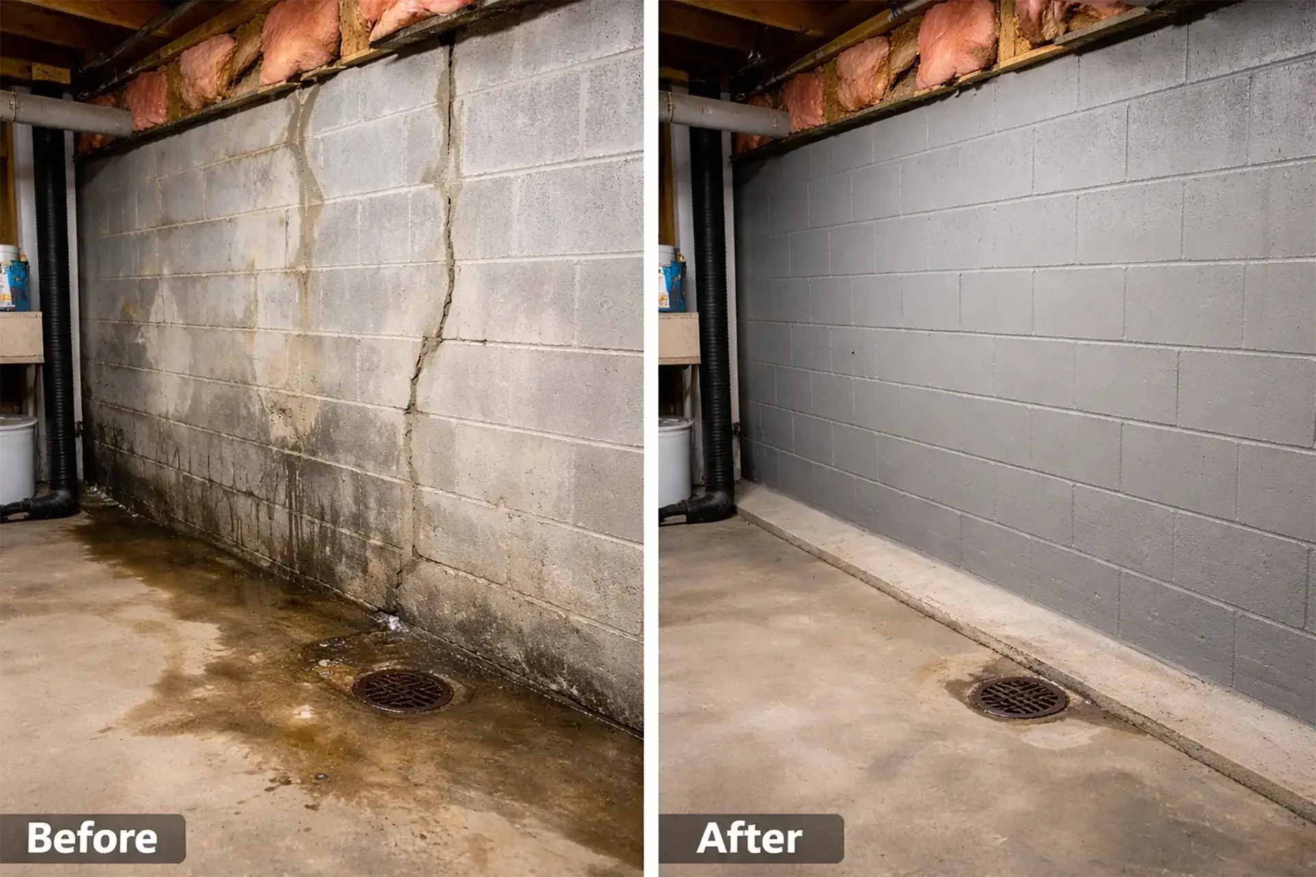 A before and after picture of foundation and footing issue. Before shows visible cracks in basement wall with moisture and damp spots and after shows sealed, dry, and stabilized foundation wall with no water intrusion