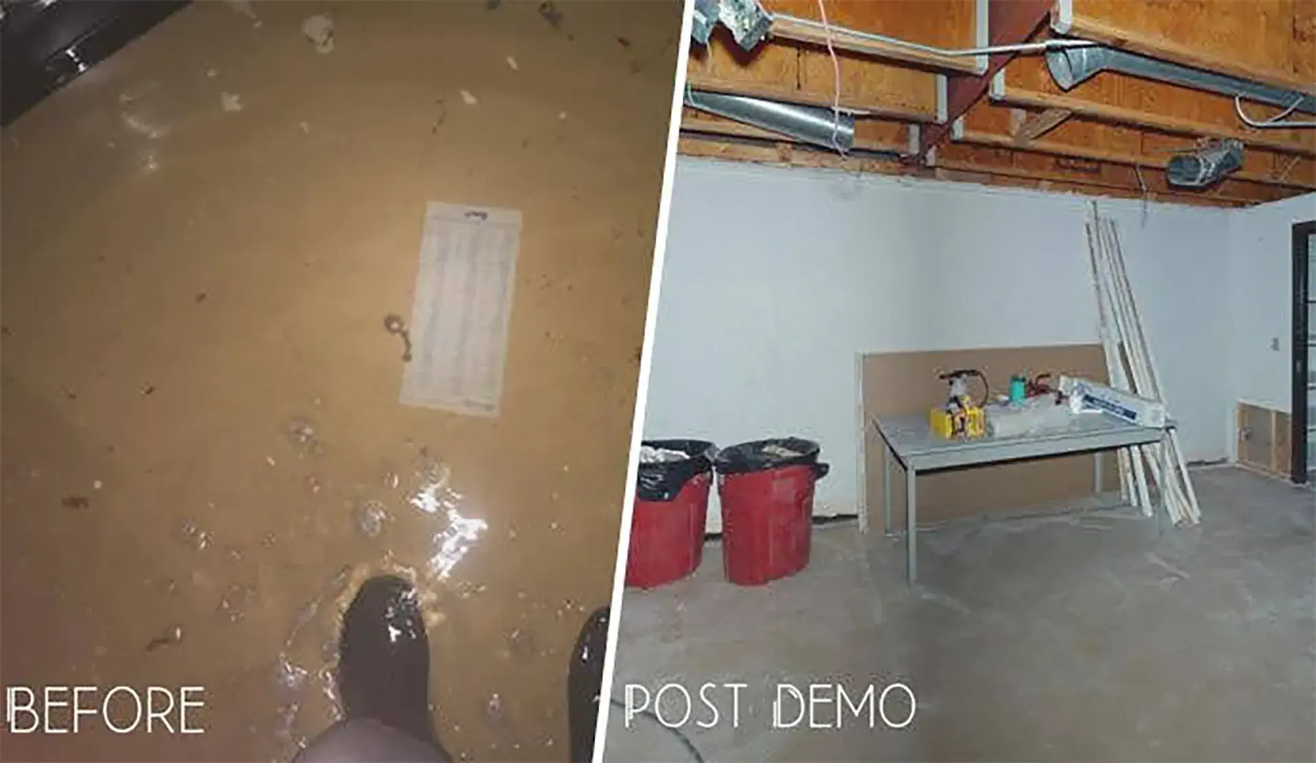 Before and after picture of the demolition work after basement flood damage in Queens, NY