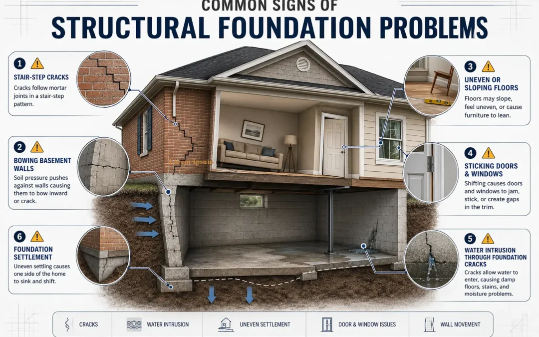 Image showing the common signs of structural foundation problems like settlement, water intrusion from cracks, sloping and uneven floors, stair-step cracks, bowing and sticking doors and windows.