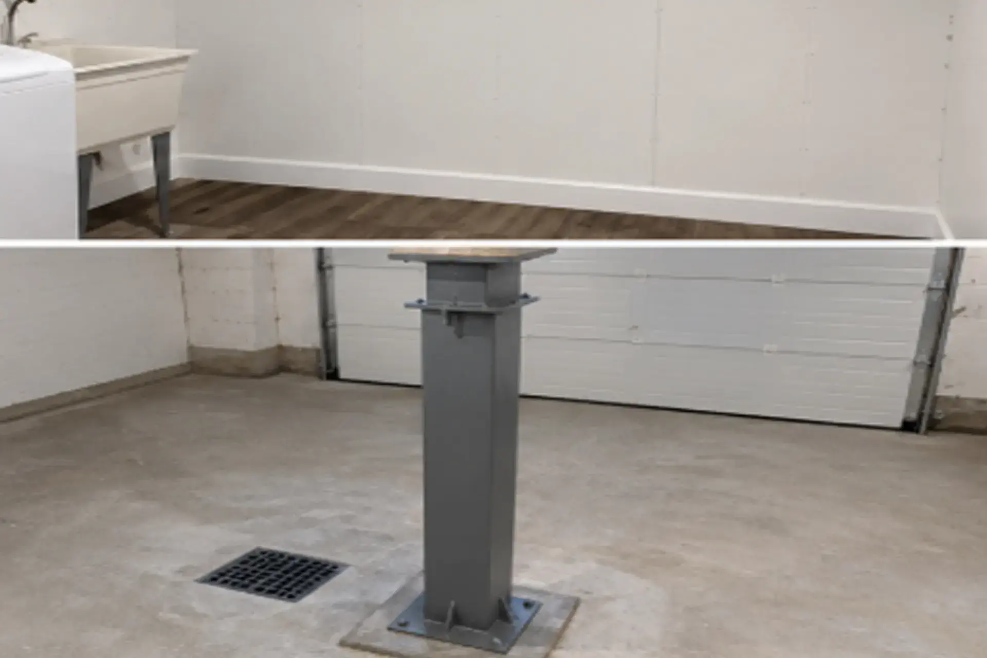 completed-basement-waterproofing-and-restoration-featured Basement waterproofing and mold remediation project in Huntington NY with structural column replacement, garage drainage improvements, and restored basement walls.