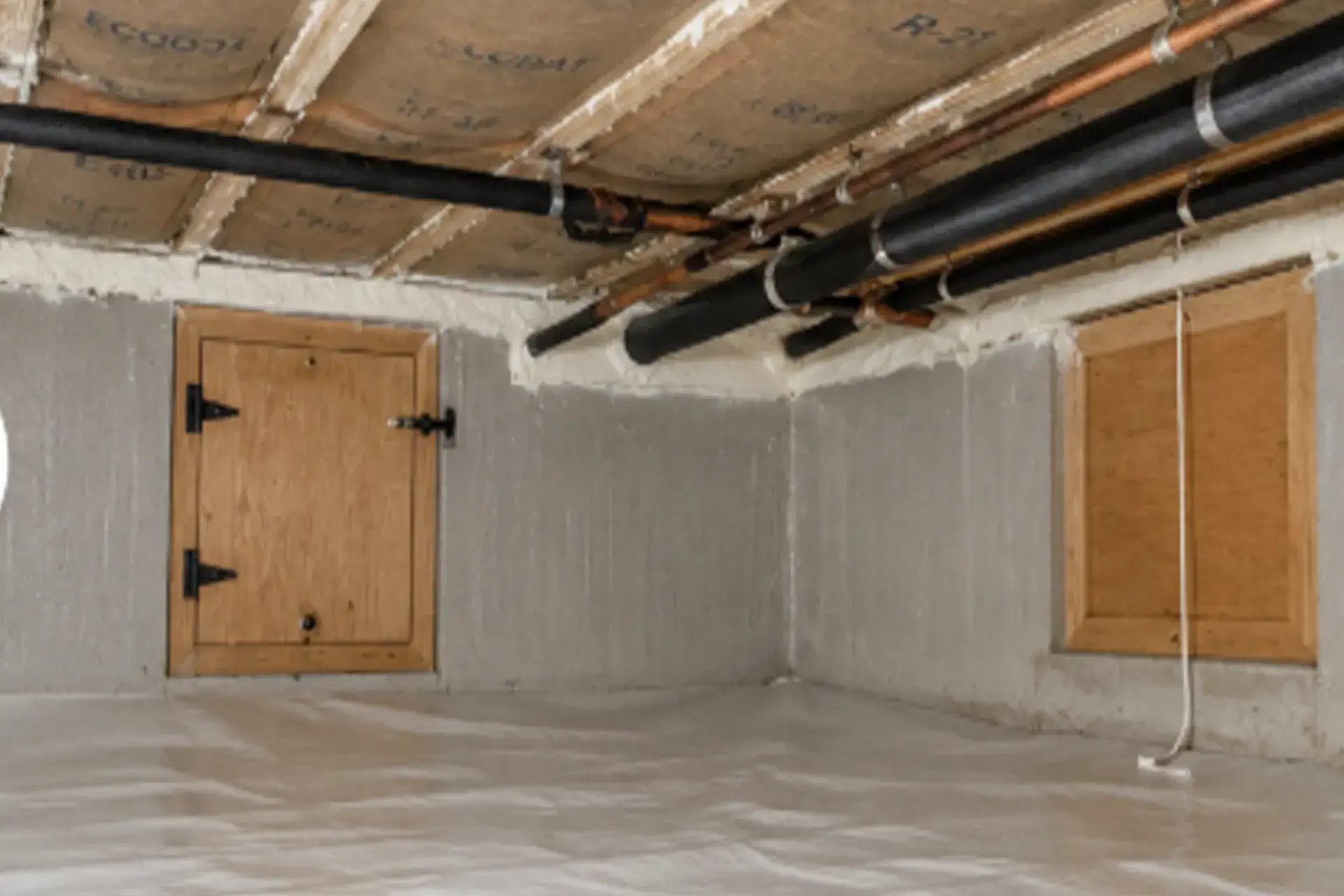 completed-crawl-space-insulation-and-air-sealing-featured Crawl space insulation and air sealing project in Sayville NY showing insulated ceiling joists and sealed rim joists.