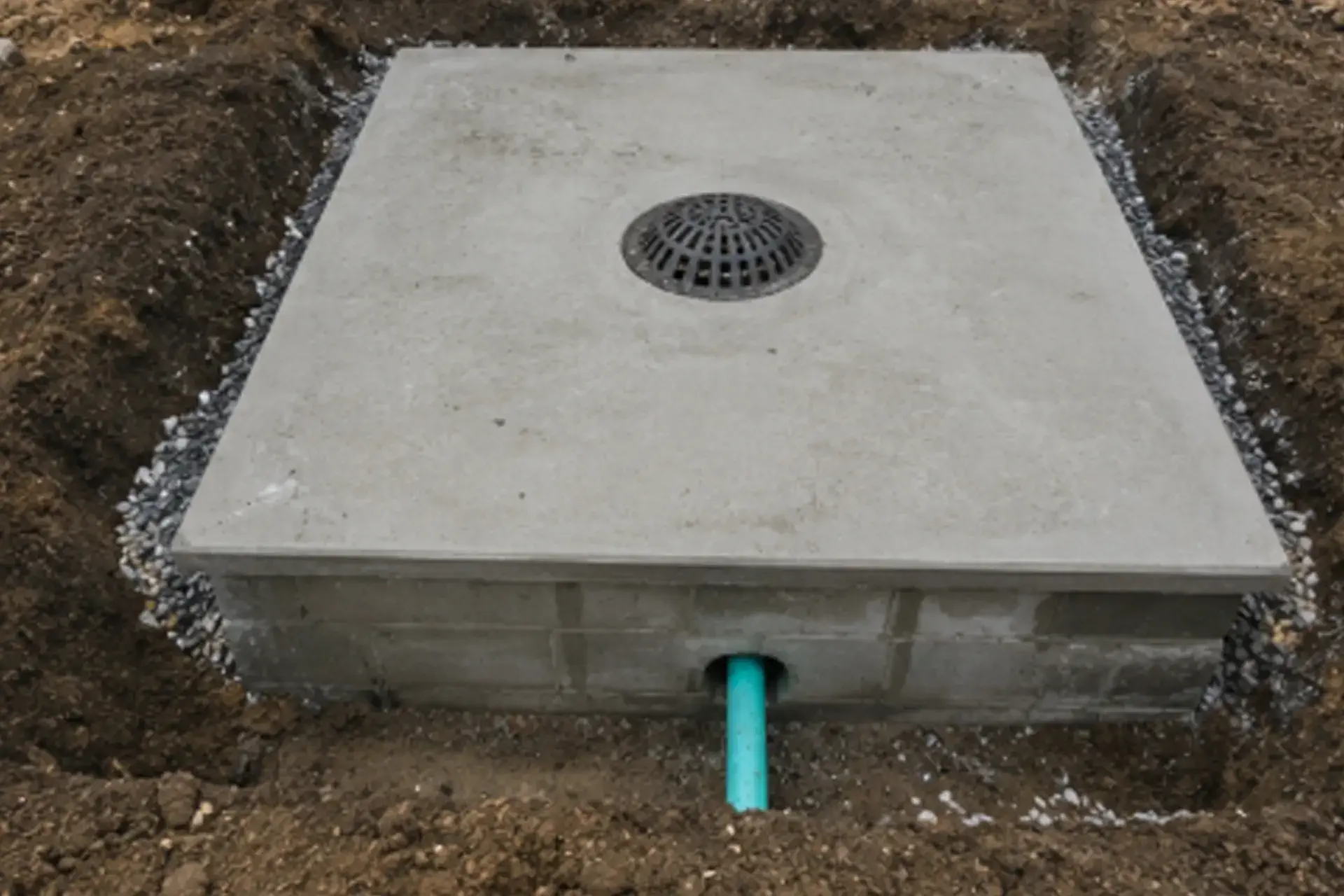 completed-dry-well-installation-featured Backyard dry well installation project in Long Island NY showing completed drainage system construction with reinforced concrete structure, gravel infiltration chamber, and restored landscape.