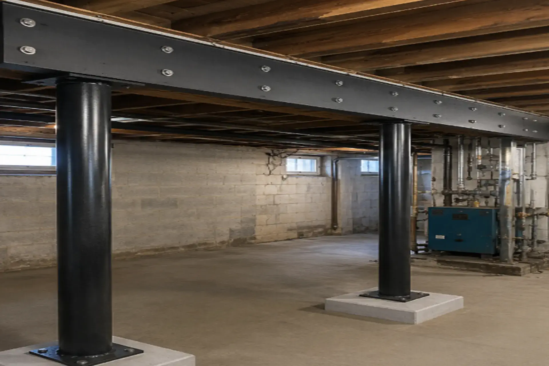 completed-structural-reinforcement-project-featured Completed structural reinforcement project in Floral Park NY featuring repaired wood beam, steel plate reinforcement, and concrete-filled steel support columns.