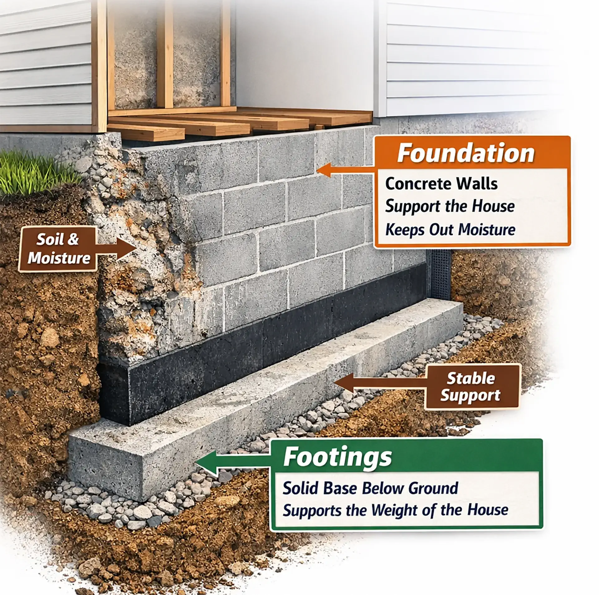 Diagram of a footing which is a solid base below ground to support the weight of the whole house, on which the foundation wall is resting, with labels.