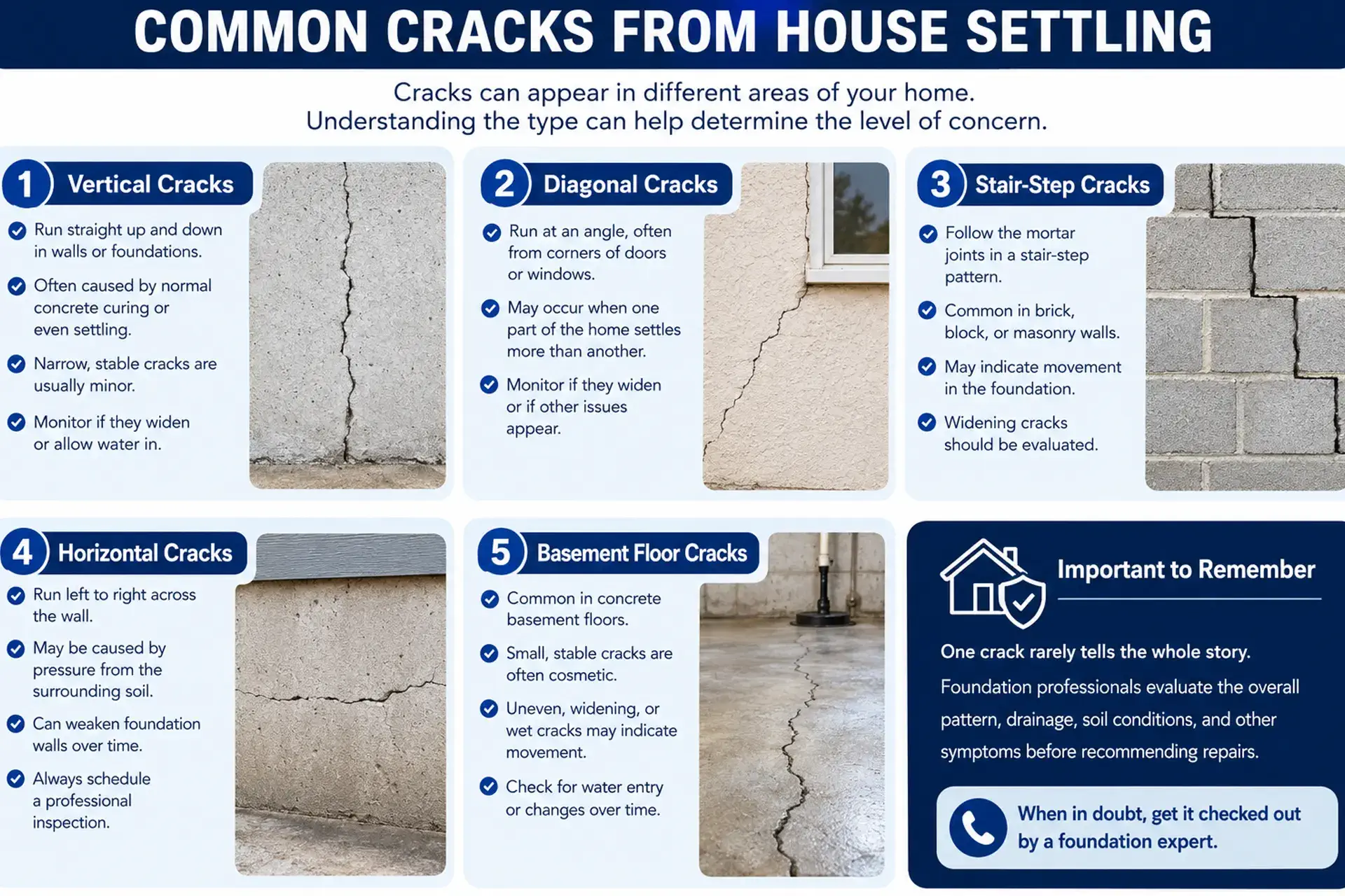 House settling - Different types of foundation cracks and their causes of movement 
